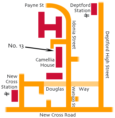 a map for Scott's studio in New Cross